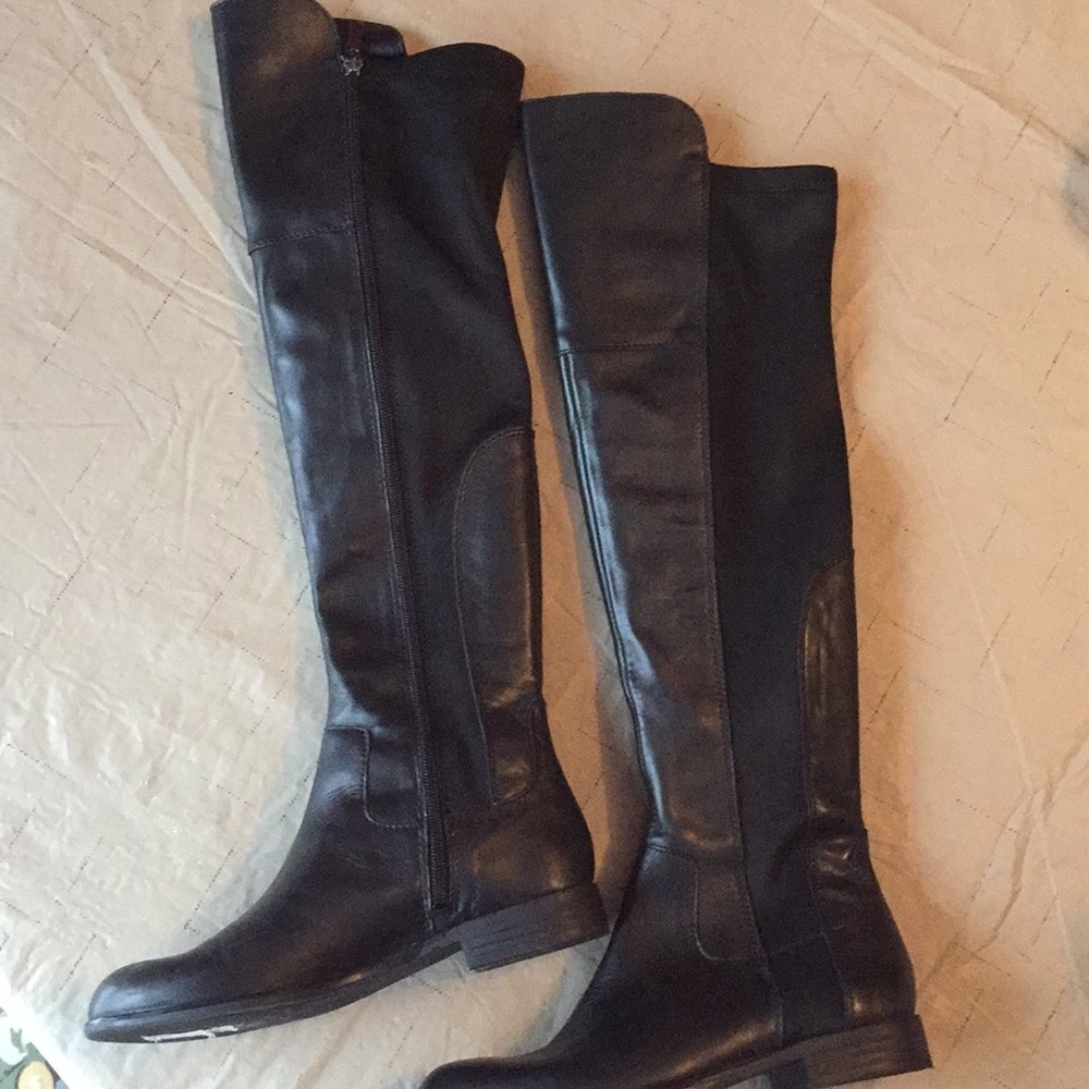 Black leather & stretch fabric over the knee boots